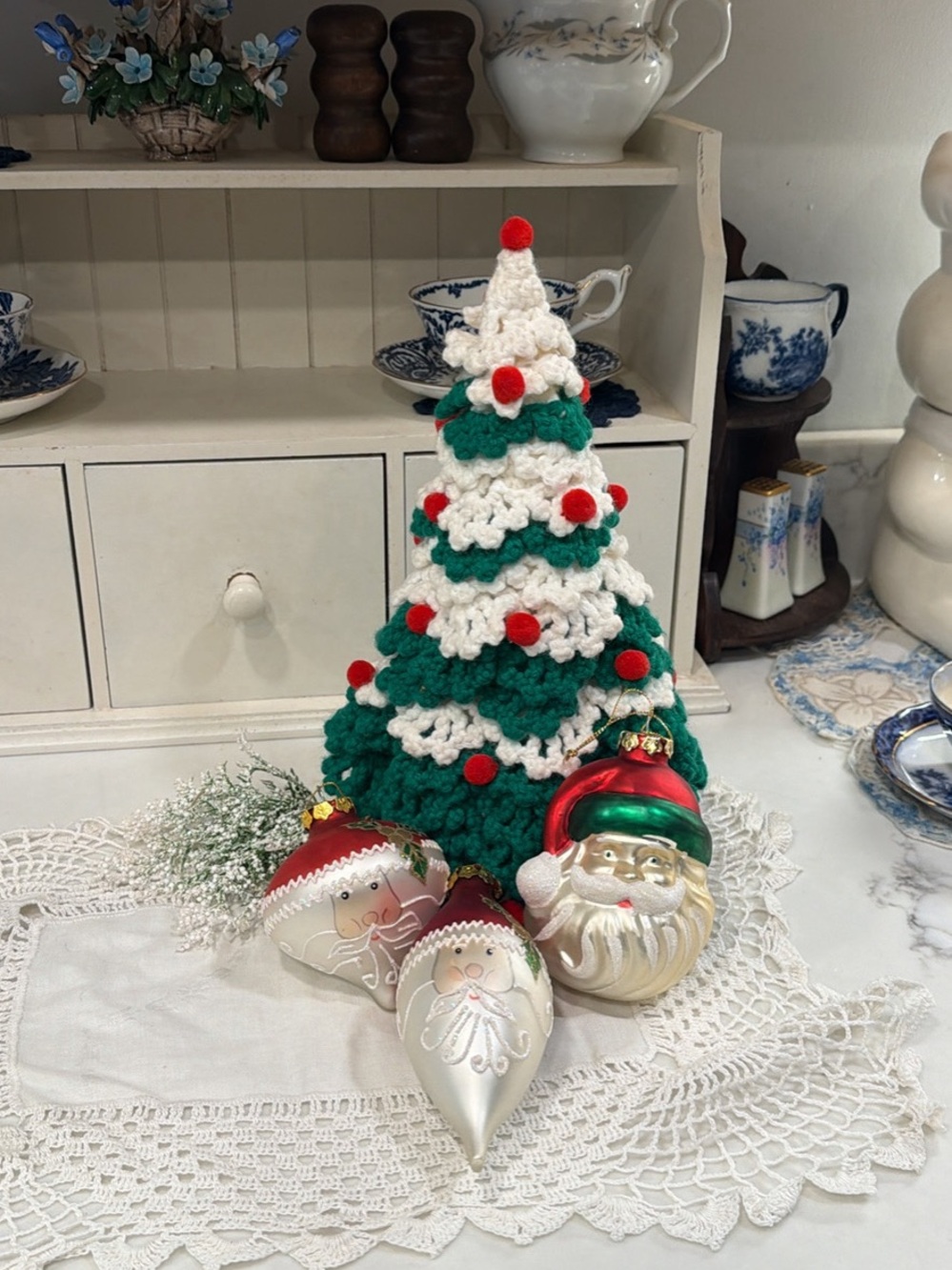 Handmade Green and White Crocheted Christmas with Hand Painted Ornaments